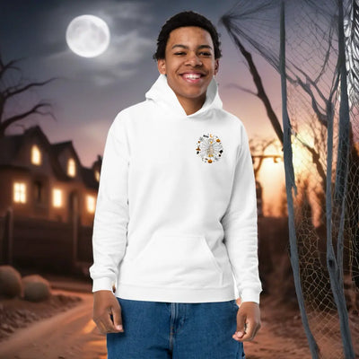 Kinder Hoodie „Süßes sonst gibt’s Saures“ – Halloween Kürbis Rückendruck Attentive & Balanced